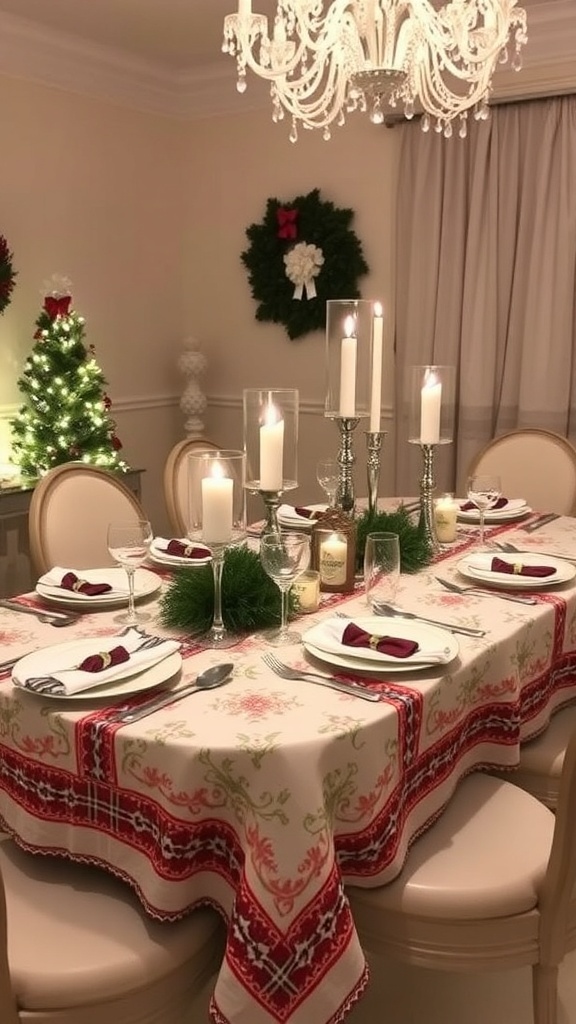 A festive Christmas dining table with decorations, candles, and place settings.